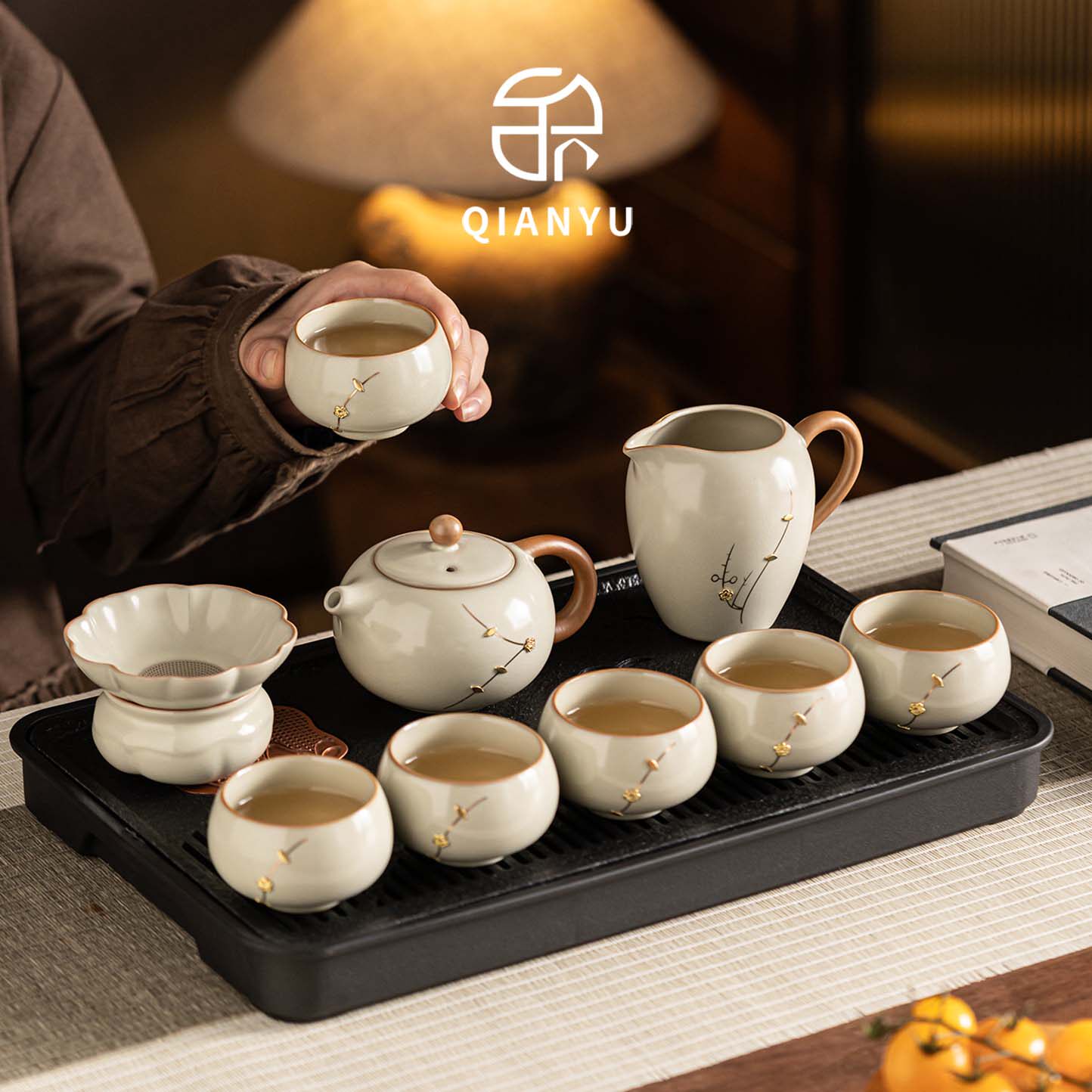 汝窑锯钉功夫茶具套装家用高档轻奢泡茶器具陶瓷茶壶茶杯一整套