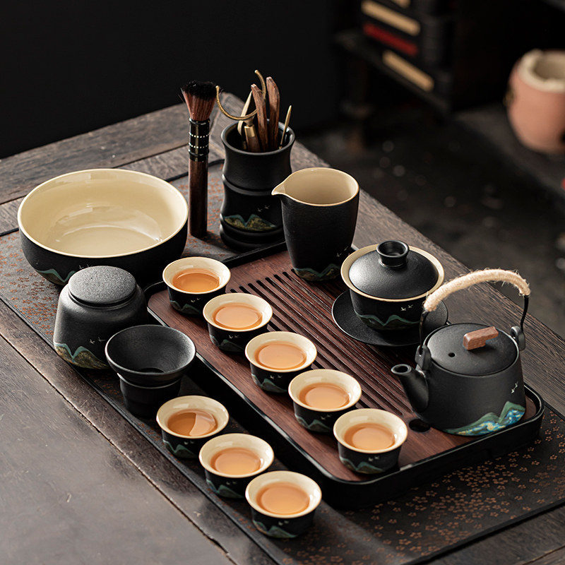 黑陶功夫茶具套装家用远山陶瓷茶壶茶杯客厅高档轻奢茶盘喝茶小套