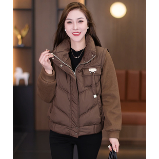 时尚休闲针织拼接棉服外套女秋冬季新款洋气显瘦百搭减龄保暖棉衣