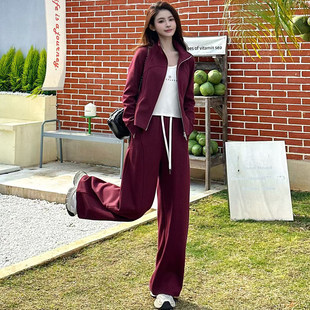 小个子洋气修身显瘦上衣阔腿裤两件套女春季新款时尚休闲运动套装