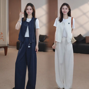时尚套装女2026夏季新款极简风马甲宽松T恤显瘦阔腿裤气质三件套