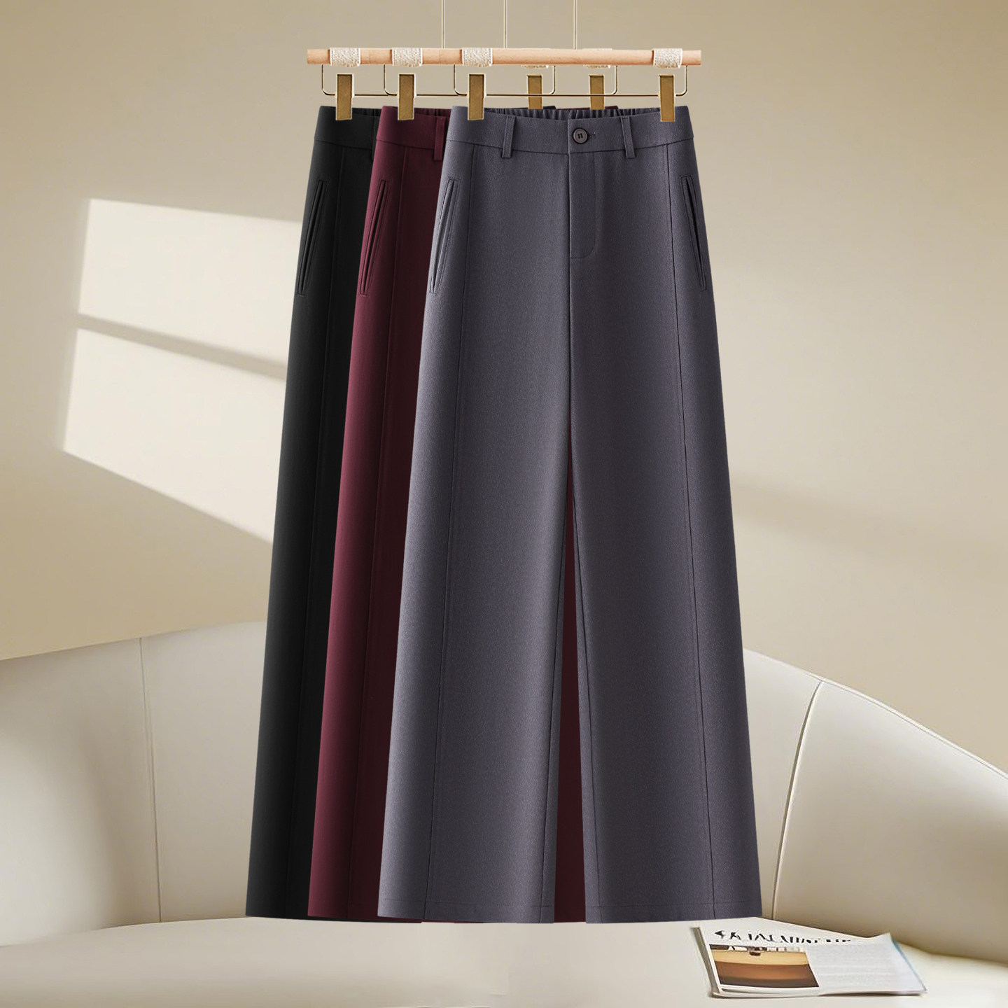 秋季裤子西装裤女新款高腰直筒休闲裤宽松显瘦垂感窄版阔腿裤毛呢,女装/女士精品,休闲裤,淘宝优惠券,粉丝福利购,淘宝优惠卷