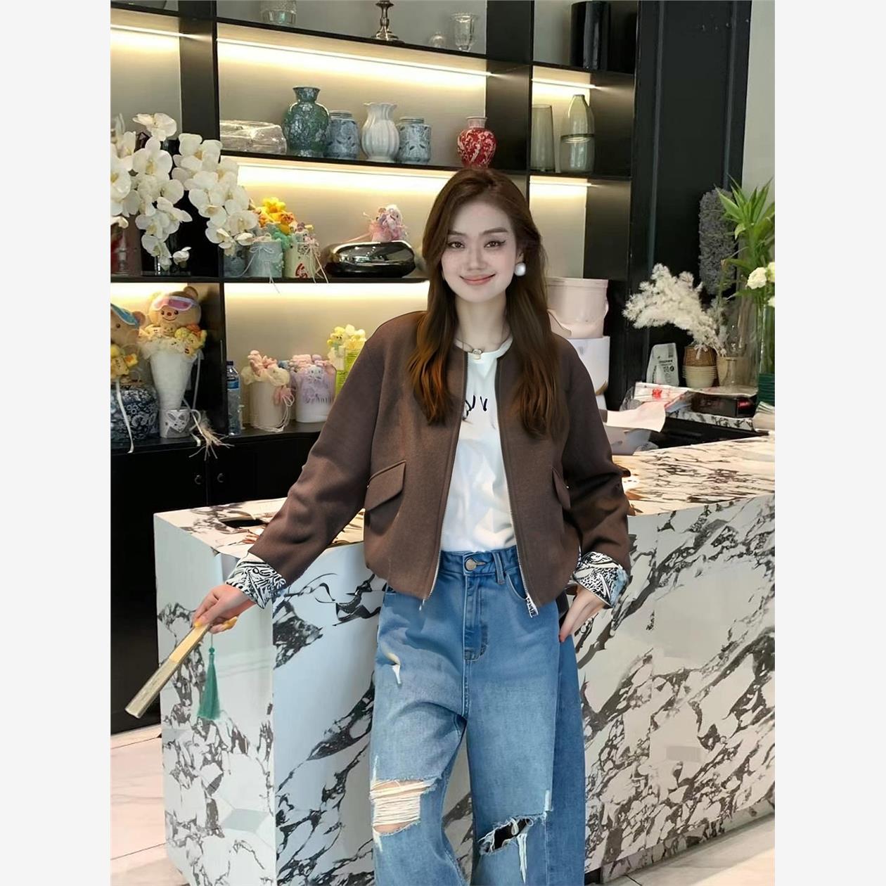 小个子短外套女羊毛呢圆领西装2025秋季新款高级感拉链夹克上衣潮