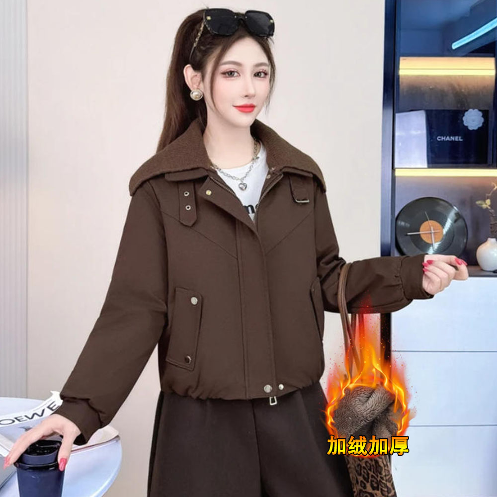 加绒时尚针织翻领短外套保暖上衣