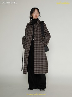 [现]eightsense八觉24冬格纹毛呢单排扣绑带中长款大衣