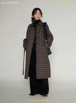 八觉加厚格纹毛呢中长款绑带大衣