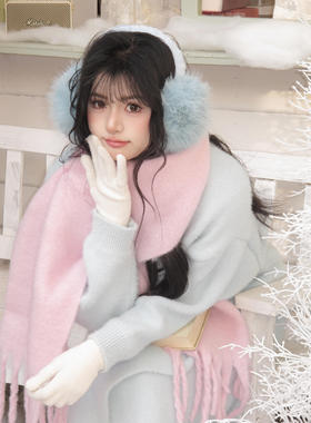 雪乡出片密码！蓝白粉围巾手套耳罩3件套女冬大披肩围脖加厚加长