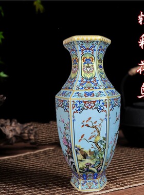 批发景德镇陶瓷花瓶仿古粉彩花鸟六方瓶家居客厅插花器工艺品摆件