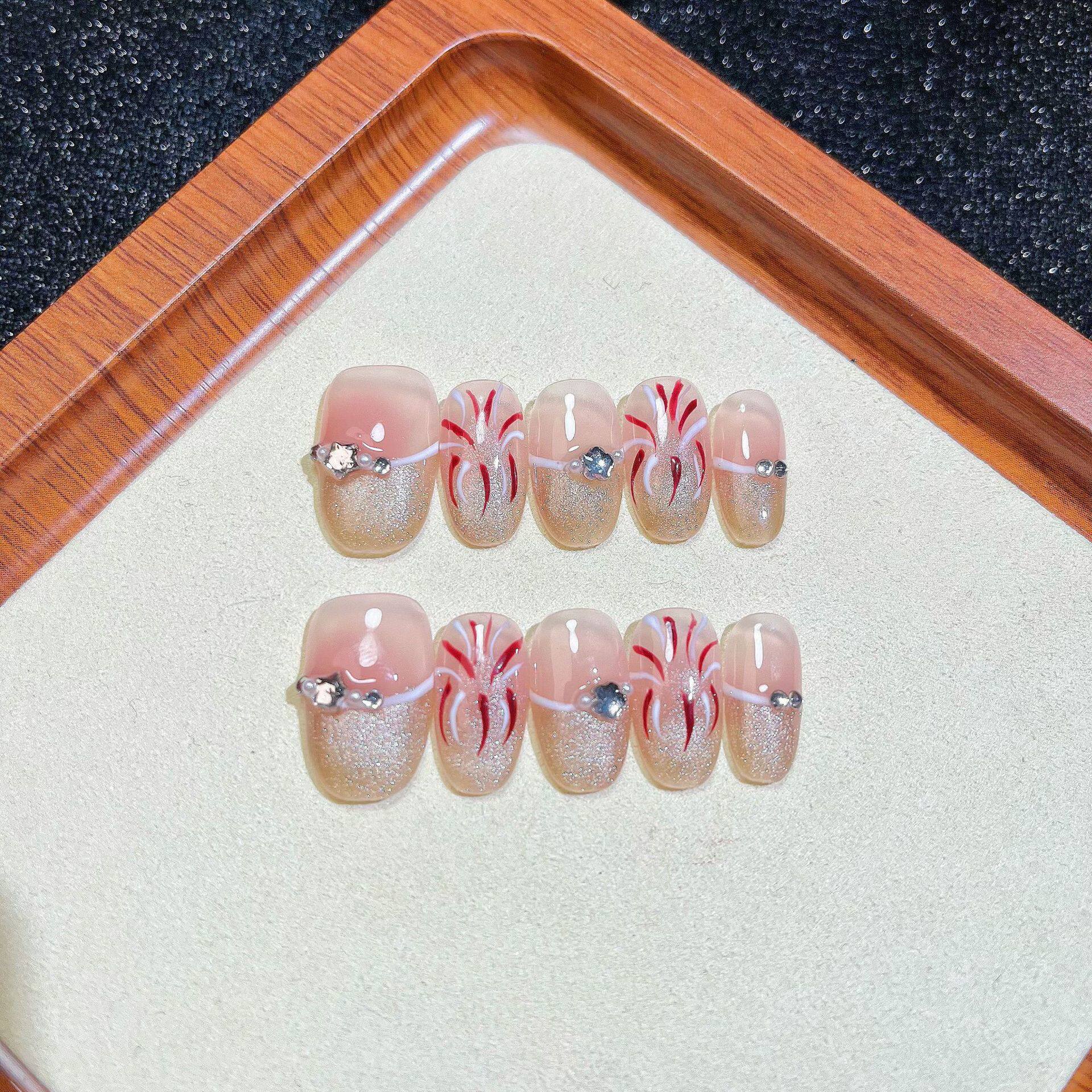 烟花-纯手工穿戴甲烟花绽放甲片成品美甲贴片可拆卸甲片美甲成品