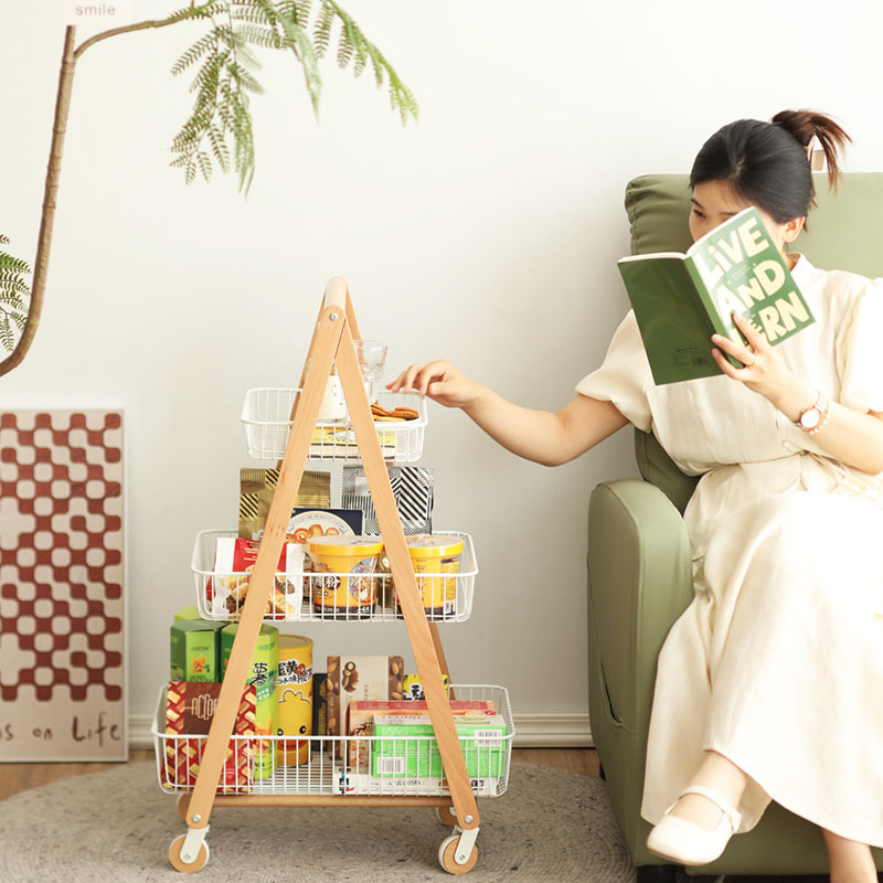 实木可移动多层零食收纳架手推车厨房蔬菜架客厅阳台多功能置物架