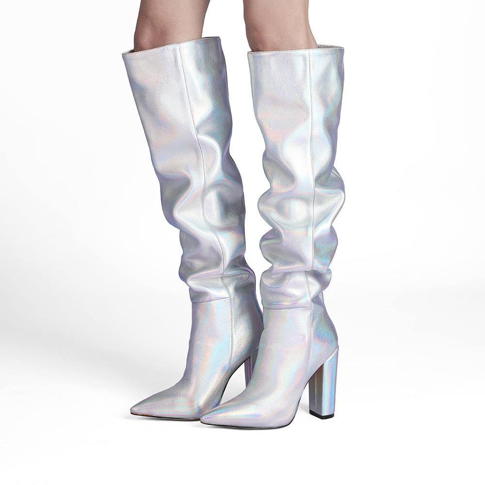 新款外贸2025春秋粗跟褶皱高筒靴长筒靴时尚走秀女靴大码女鞋