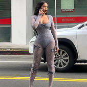 新款 春 一体裤 亚马逊wish蕾丝透视连体裤 女蝴蝶结紧身性感长袖