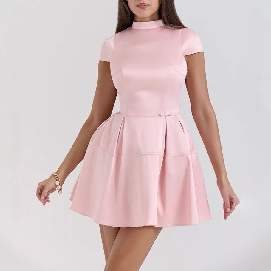 PGM夏季女修身收腰显瘦A字连衣裙短袖女裙套装韩版服装聚酯纤维