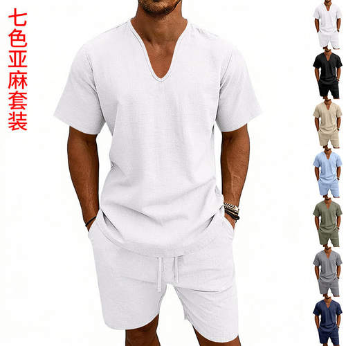 跨境亚马逊美式夏季7色亚麻男士休闲宽松度假纯色V领短袖短裤套装