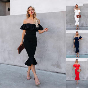 新亚马逊荷叶边一字肩晚礼服婚纱 欧美外贸女装 新款 2020秋冬季