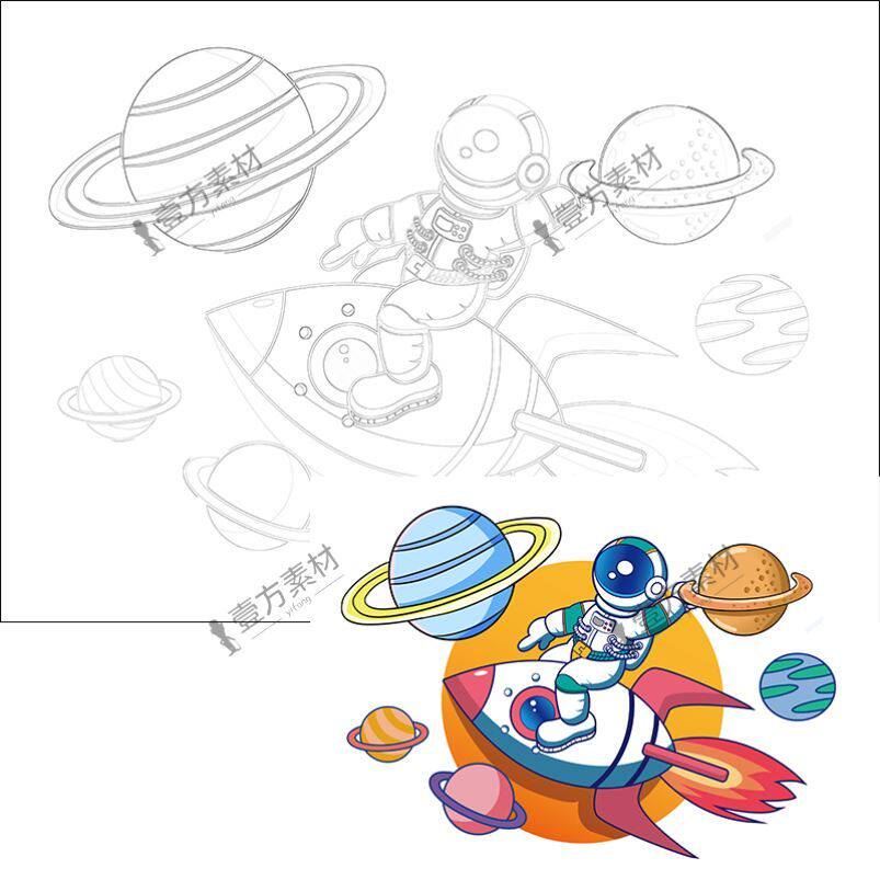 科幻画模板4开涂色线稿青少年科学幻想画线描半成品电子版可打印