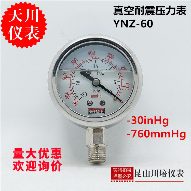 上海天川仪表 耐震真空压力表 YNZ-60 -760mmHg -30inHg负压表2分