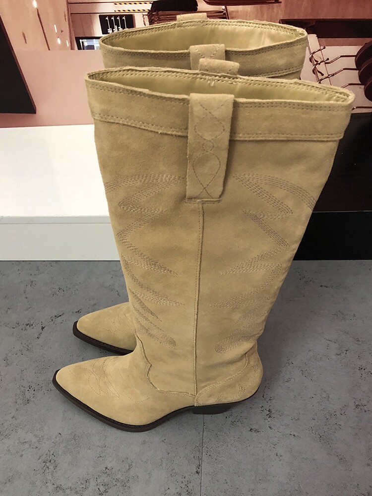 ZARA R 두꺼운 뒤꿈치 높은 카우보이 부츠 여성의 새로운 지적 발가락 낙타 부츠 누벅 가죽 하이힐 섹시한 웨스턴 부츠