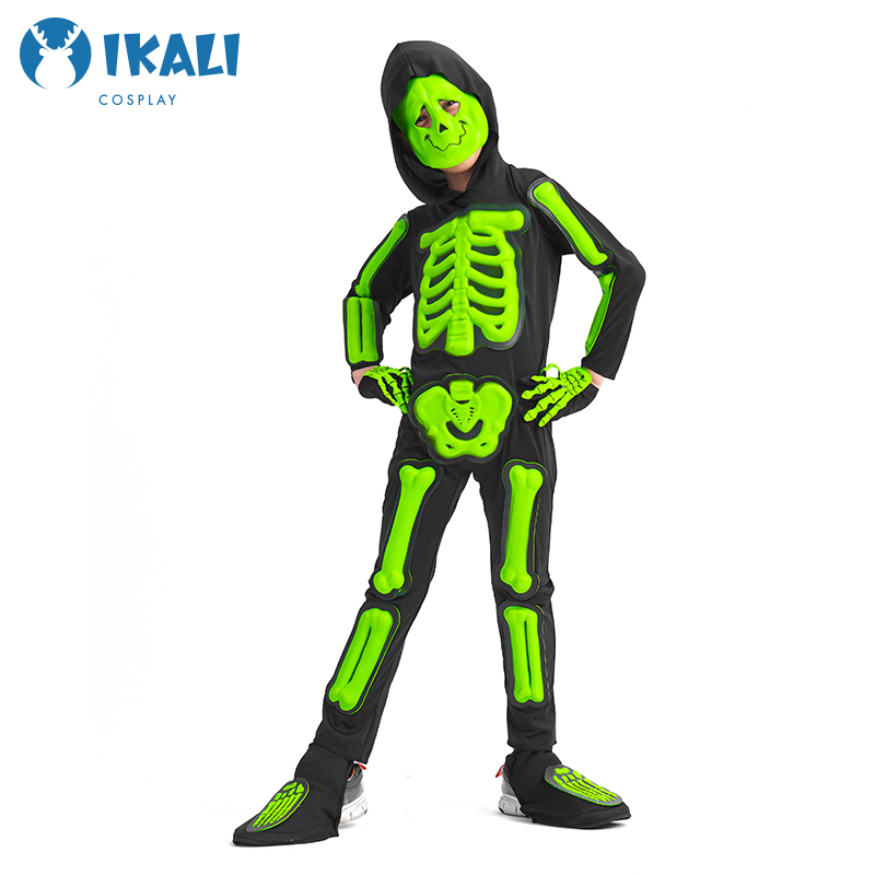 伊佳林骷髅连体衣夜光款男生万圣节派对搞怪套装女孩头套款连体衣