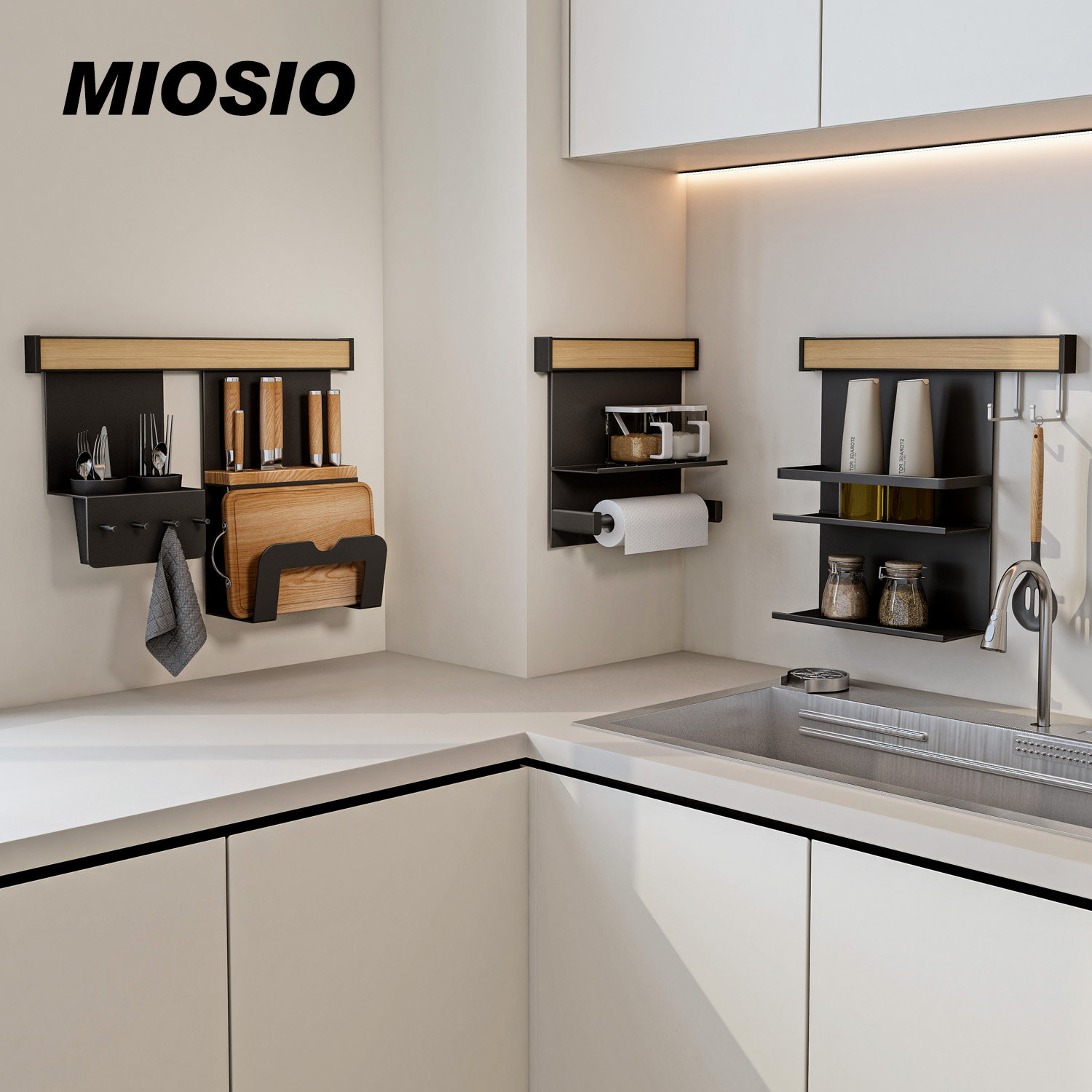 MIOSIO厨房置物架壁挂式墙上用品调味料架子挂杆锅盖架刀架实木黑