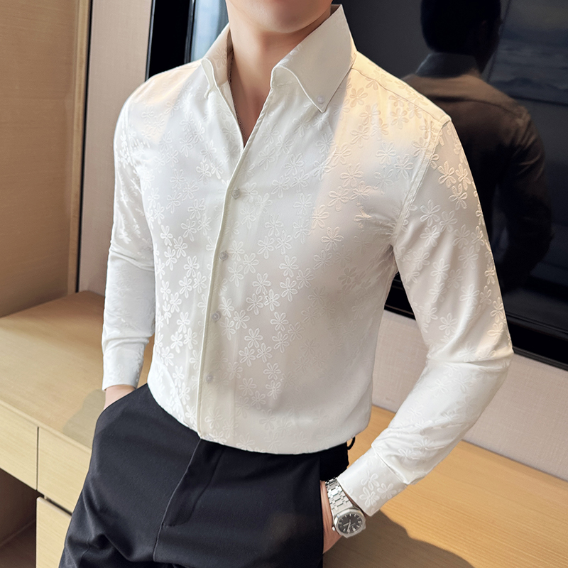 秋冬季男士新款感暗纹提花衬衫韩版修身长袖商务休闲V领英伦1025n