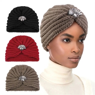 民族风针织包头帽水钻套头帽保暖复古毛线帽百搭秋冬Head Cap Hat