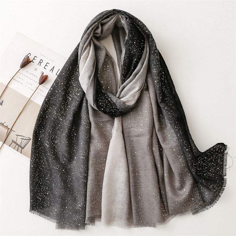 外贸出口棉麻手感围巾名媛风烫金渐变左右过渡素色毛边丝巾披肩