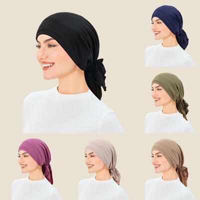 Turban cap 莫代尔棉弹力头巾帽纯色短尾巴弧形包头帽女士套