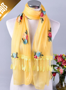 春夏新款韩版绣花围巾双层网纱纱巾女玫瑰花朵丝巾 women scarf