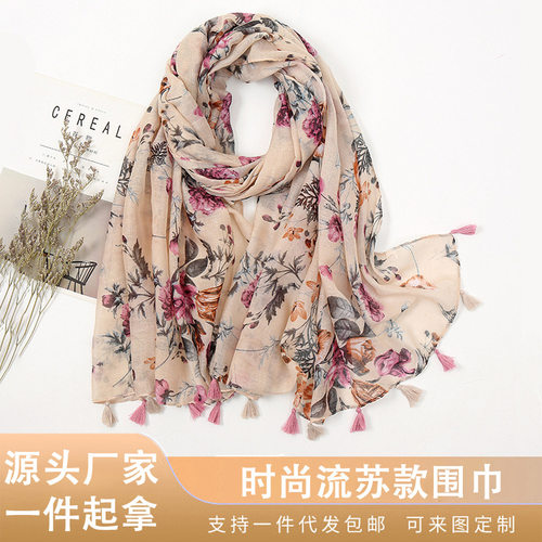 流苏棉麻围巾印花文艺夏季
