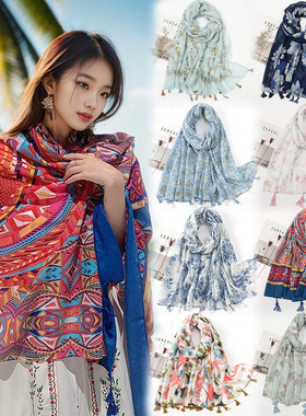 scarf 文艺小清新棉麻复古流苏围巾印花唯美丝巾日系防晒披肩