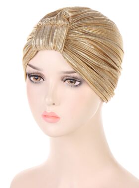 Cap turban women 褶皱烫金印度包头帽女士时尚纯色简便头巾帽