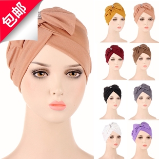 民族包头帽女多色乱麻蝴蝶结头巾帽前额交叉贴钻套头帽 Hat Women