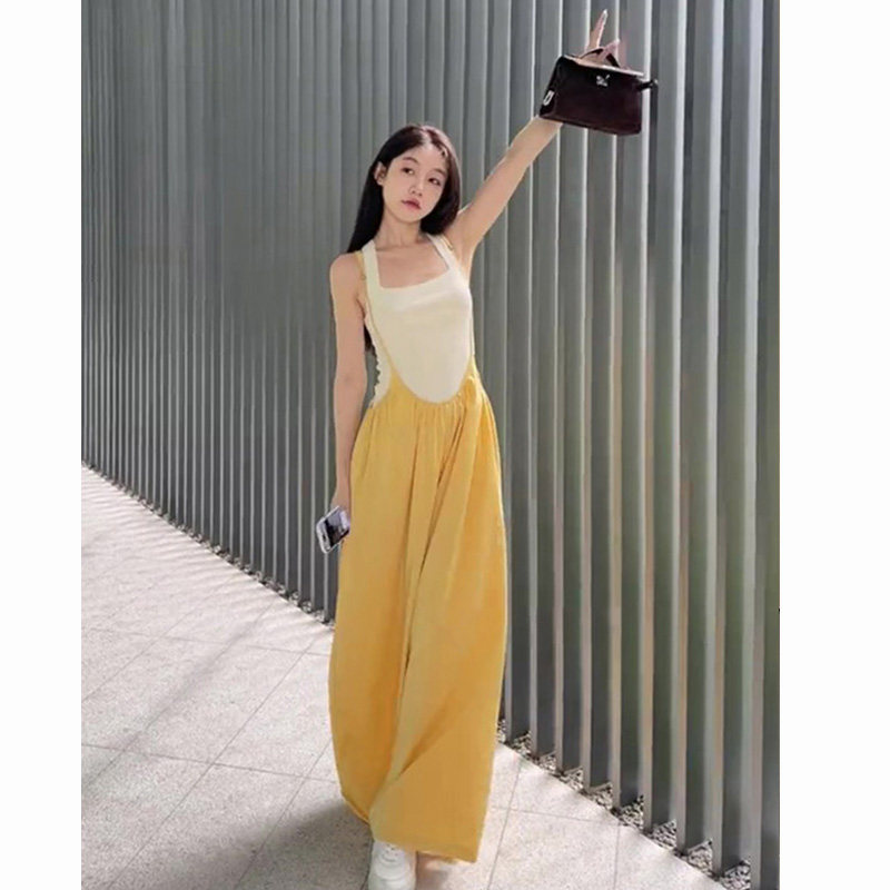 小个子薄款哈伦裤子2025夏季新款黄色休闲背带裤冰丝阔腿裤女裤夏