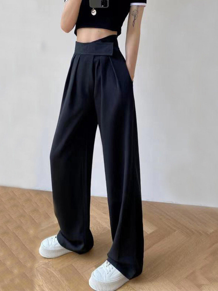 黑色春薄款垂感阔腿裤女高腰宽松拖地休闲小个子冰丝西装裤高级感