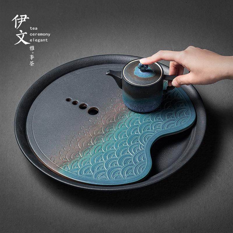 伊文陶瓷圆形茶盘储水式干泡茶盘日式茶台家用功夫茶具托盘茶海小