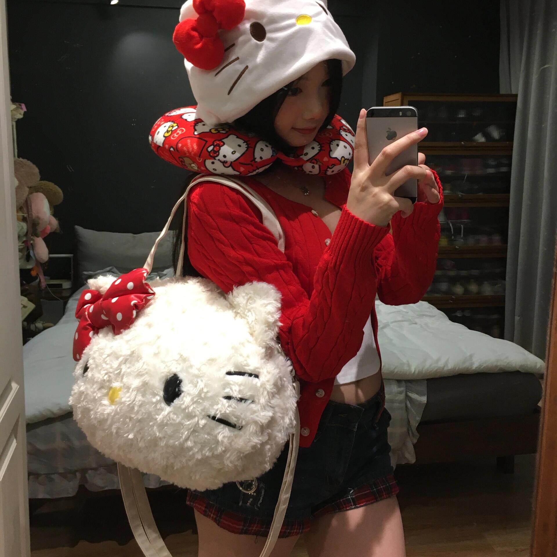 秋冬季毛茸茸可爱双肩包女大容量托特斜跨包HelloKitty毛绒单肩包
