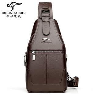 柏林袋鼠2025新款高级感单肩斜挎头层牛皮男胸包真皮平板手机包