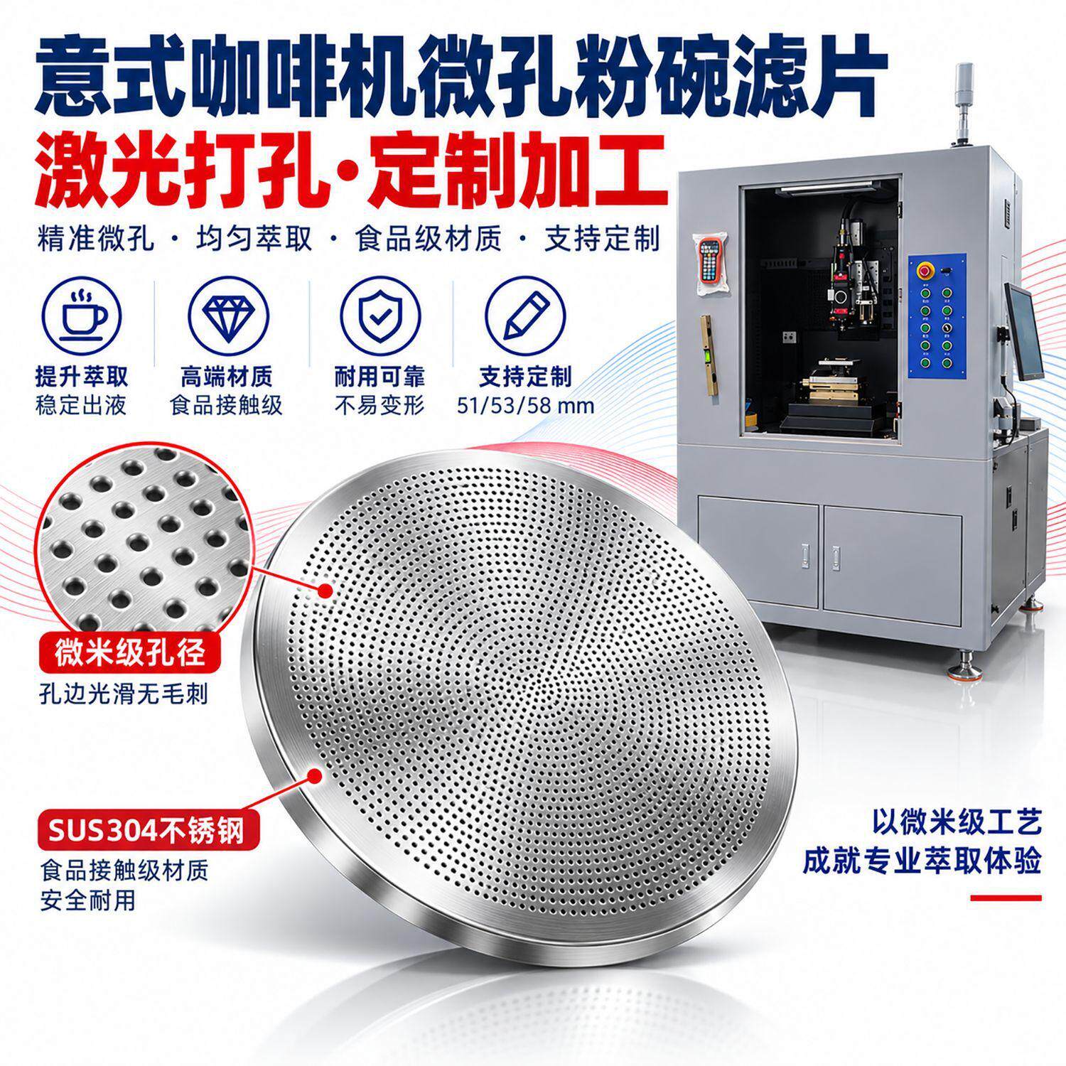 意式咖啡过滤网激光打孔机精密微孔粉碗滤片切割加工孔位均匀一致