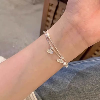 S999纯银双层叠戴银杏叶手链