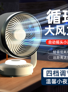 自动摇头小风扇桌面电风扇usb可充电便携式风扇轻音宿舍婴儿床上卧室办公室带小夜灯大风力台挂两用壁挂厨房