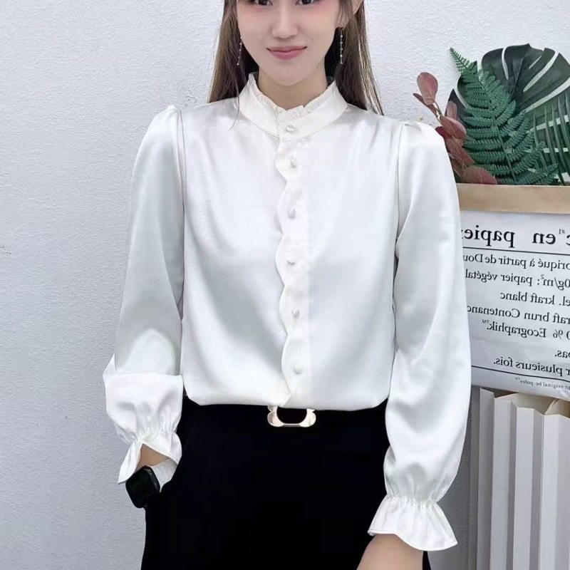 花边立领雪纺衬衫女长袖2025春秋新款木耳边上衣法式通勤白色衬衣