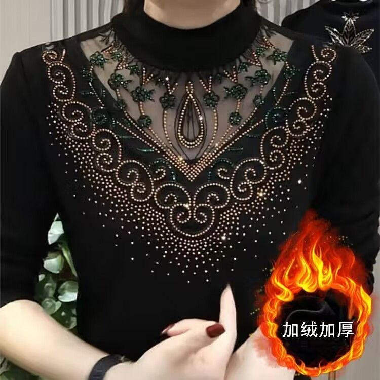 秋冬中年妈妈半高领蕾丝拼接洋气网纱长袖打底衫女士加绒内搭上衣