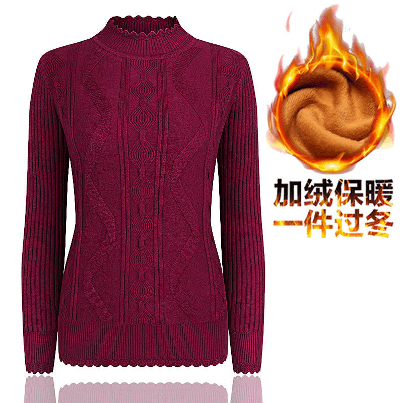 妈妈装秋冬装弹力衫女式毛衣高领套头中老年人针织打底衫加绒加厚