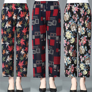 夏天妈妈裤子中老年女裤高腰大码弹力休闲裤直筒裤花裤子碎花薄款