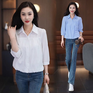 爆款衬衣女宽松遮肚子短款上衣2026春夏装七分袖衬衫设计感打底衫