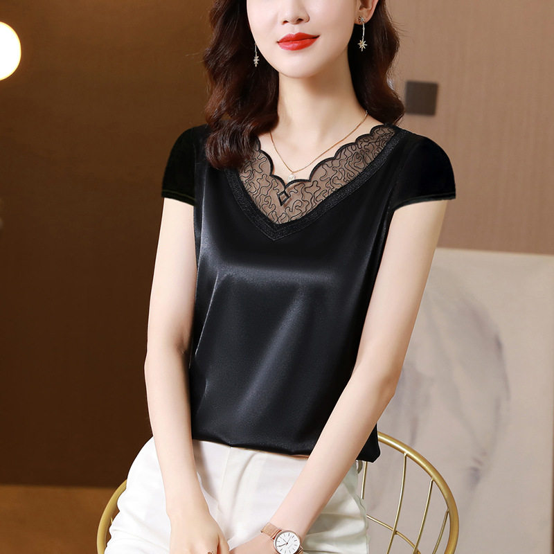 时尚蕾丝短袖打底衫女士夏季气质大码内搭西装T恤时尚外穿v领上衣