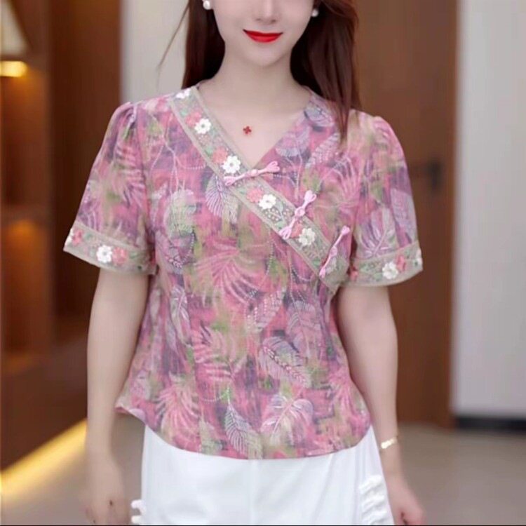 2025夏季新中式小衫优雅斜襟盘扣洋气显瘦减龄短袖碎花旗袍上衣女