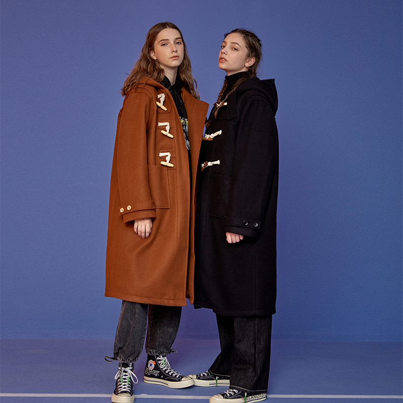 OG元素2021年新款黑色牛角扣毛呢外套女中长款小个子呢子大衣秋冬