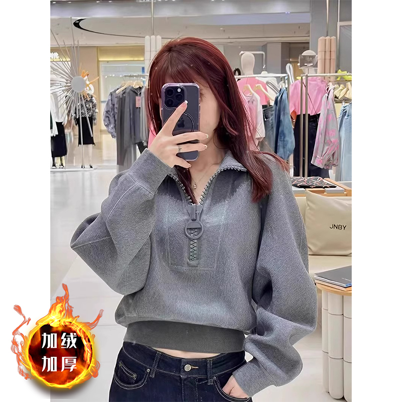 宽松加绒短款灰色卫衣女